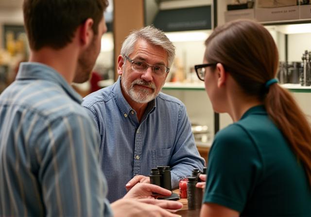 An expert at Nutmeg Optic advising a customer on a pair of binoculars