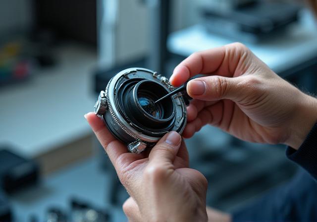 A technician's hands carefully disassembling a lens for cleaning